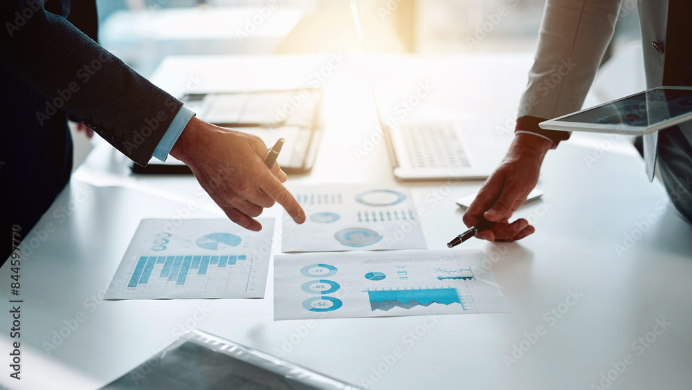 Poster paperwork, strategy and hands of business people in office with tablet, laptop and statistics. chart