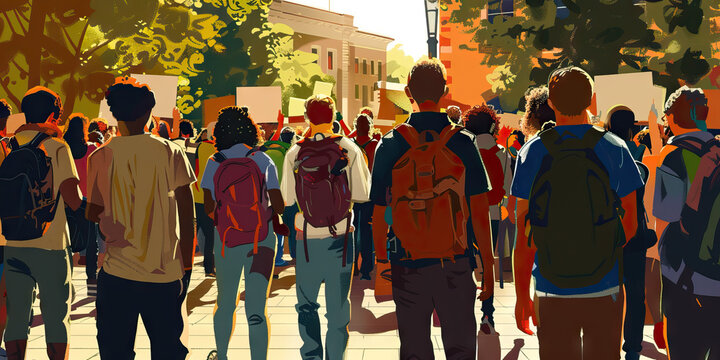 Voices of Dissent: College Protests for Social Justice - A visual representation of students gathering in a university square, expressing their dissent through peaceful protest, highlighting the role 