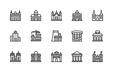 Fototapeta premium Building and structures vector linear icons. Isolated icon collection of buildings university, library, hospital, port, factory and more.