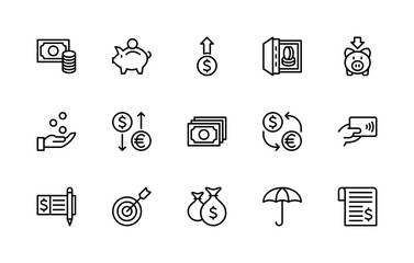 Money savings and finance vector linear icons set. Isolated icon collection such as money, bill, piggy bank, coin and more.