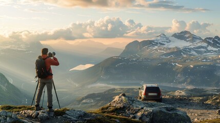 A man is photographing the view near his car at the top of a mountain.AI generated image