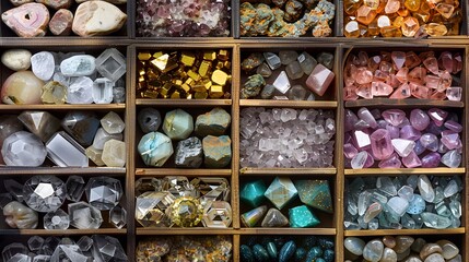 Panoramic top view of the gemstone storage box, gemstone collection