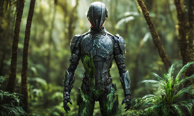 Fototapeta premium Creative Project, Advanced Humanoid Robot Covered in Moss in Dense Forest, AI, Nature, Sci-Fi, Robotics