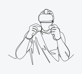 Continuous one line drawing of guy using virtual reality headset and playing boxing, fighting, action game. Editable line. Graphic illustration.