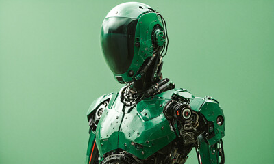 Website banner, futuristic green humanoid robot with black faceplate and red eyes on green background, technology, robotics, AI, innovation, cybernetics