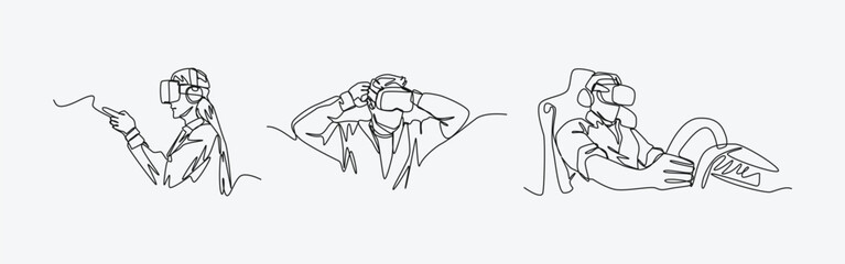 Set continuous line drawing of different people using vr headset. playing game, learning, watching with virtual reality. Editable line. Graphic illustration.