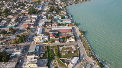 paisaje de la costa en la playa de Corozal Belice en centroamerica vista aerea panoramica de la ciudad del pueblo para el turismo en la bahia en el caribe © CSRRDRGZ