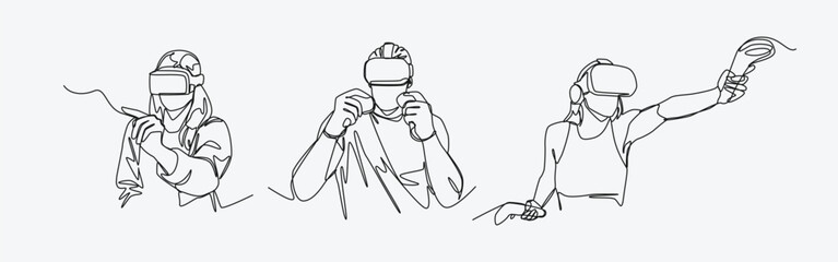 Set continuous line drawing of different people using vr headset. playing game, learning, watching with virtual reality. Editable line. Graphic illustration.