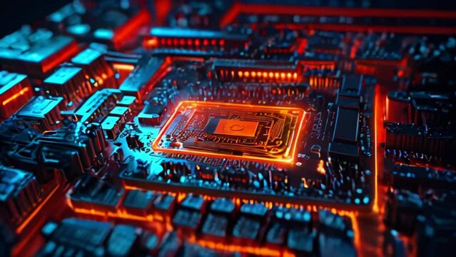 The board is black and has many small electronic components on it. The components are connected by tiny wires