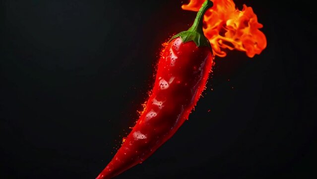 A red chili pepper is on fire, with flames coming out of the top. The pepper is hanging vertically with the stem at the top.