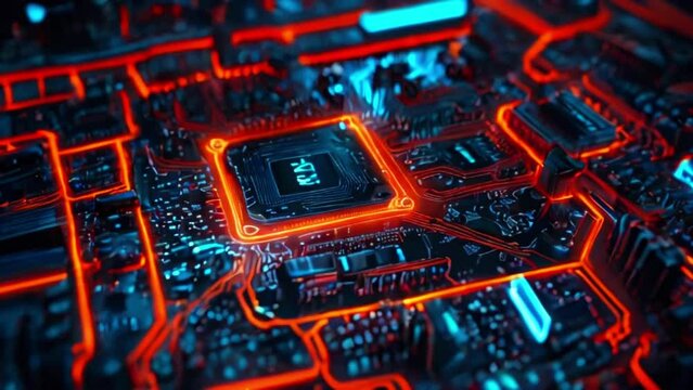 This is an illustration of a computer motherboard with a central processing unit (CPU) in the center. The CPU is glowing red and there are blue lines representing pathways on the motherboard.
