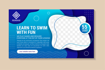 Children Swimming Lessons. learn to swim with fun background. Vector Illustration in horizontal layout. Poster, Banner, Flyer, Template. social media post. promotion poster. Coaching. papercut concept