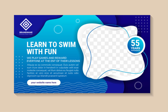 Children Swimming Lessons. learn to swim with fun background. Vector Illustration in horizontal layout. Poster, Banner, Flyer, Template. social media post. promotion poster. Coaching. papercut concept