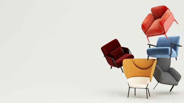 Armchairs, colorful fabrics designed in a variety of styles. Slowly expanding from rotating in the air. on a white background. concept of a furniture and home decoration. 3d render animation looping