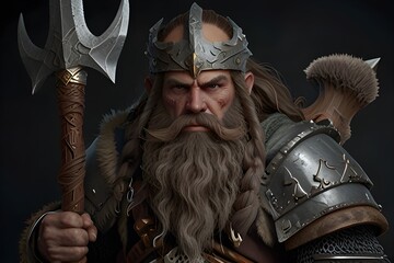 Grim Dwarf Warrior: Portrait of Iron Armor and Braided Beard