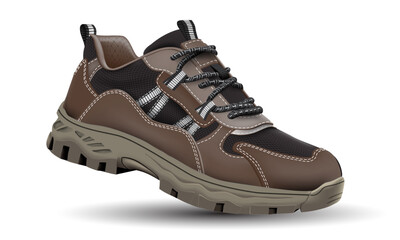 Realistic hiking shoe safety brown leather rubber black fabric on white design for men vector