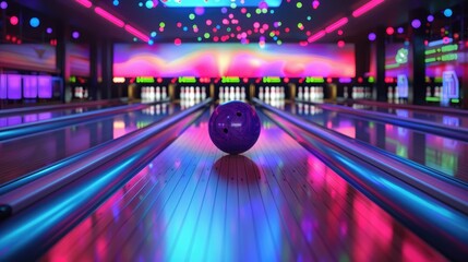 Action shot of a bowling ball hitting pins at a glowing alley