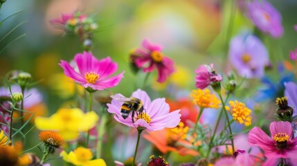 Fototapeta premium bees pollinating colorful flowers aiding plant growth vibrant nature scene