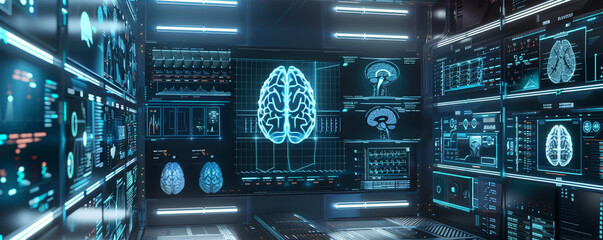 Obraz premium 3D rendering of digital brain interface display with medical data and biometric information on futuristic computer room background.