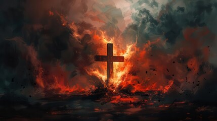 burning coals and smoke with cross ash wednesday religious concept digital painting
