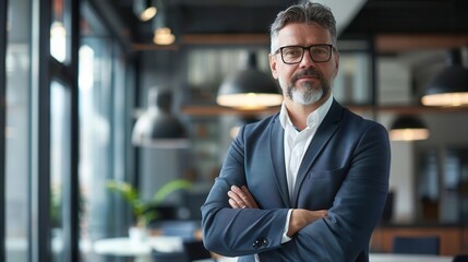 confident middleaged businessman standing with arms crossed in modern office professional portrait
