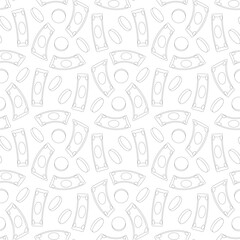 Money seamless pattern. Finance coins and banknotes repeat background. Vector outline illustration.