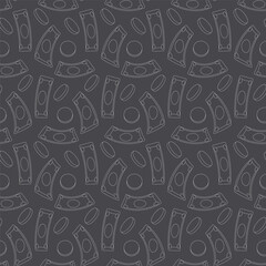 Money seamless pattern. Finance coins and banknotes repeat background. Vector doodle illustration.