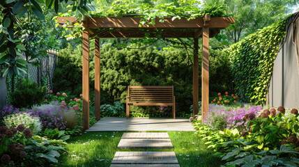Cozy pergola at house backyard, wooden arbor and bench in landscaped home garden, design of green back yard. Theme of landscaping, walkway, summer, patio