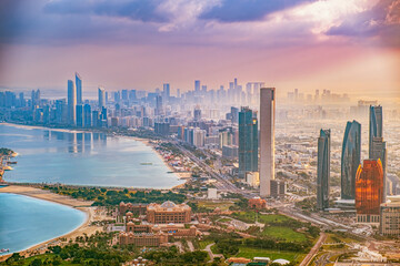 Abu Dhabi city skyline at dawn