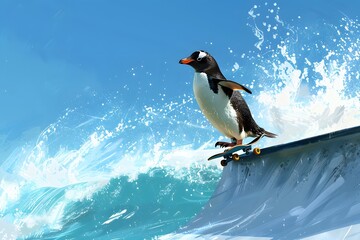 Naklejka premium Illustration of Penguin performing an impressive trick on a skate ramp, ocean waves crashing nearby, clear blue sky. Ai Generate.
