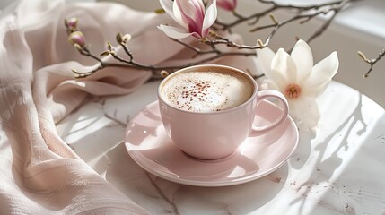 A cup of pink cappuccino with magnolias flowers on a table