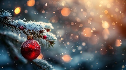 Beautiful winter Christmas scene nature panorama with snowdrifts and holiday lights. Snow-covered spruce branch and red ball on background of blue evening sky, falling flakes snow. copy space