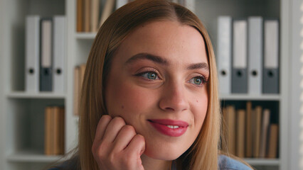 Happy girl Caucasian woman daydreaming sitting at table library home office female business lady student inspired dreamy businesswoman smile planning future enjoy happiness dream pause break relax