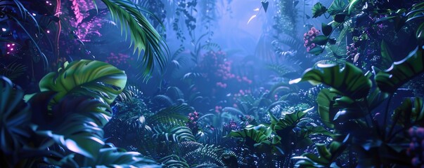 Mystical twilight glow in dense jungle foliage