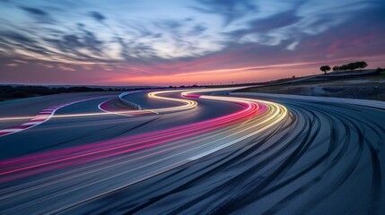 A twilight cycling track with curved lanes lit by mesmerizing light trails blends athletic and serene beauty.