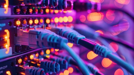 dramatic server room backdrop with network cables and dynamic lighting compositions emphasizing data transfer and cyber technology with copy space