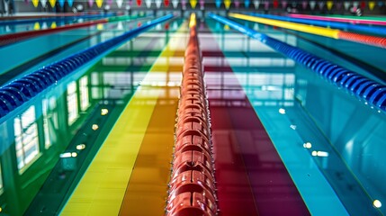 Obraz premium An Olympic pool with rainbow lanes and shimmering reflections creates a mesmerizing aquatic spectacle.