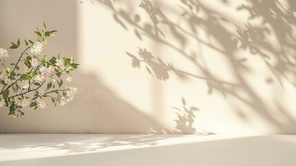 A minimalist white wall with the shadow of an olive branch and flowers