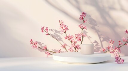 Pink blossoms in vase on pedestal, neutral shadow background