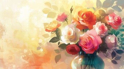 Beautiful bouquet of roses in a vase with an artistic background
