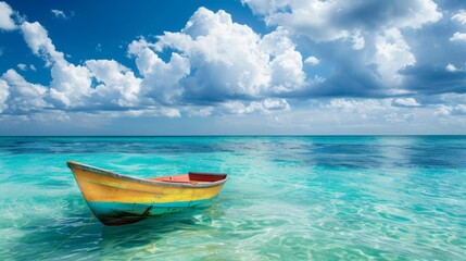 Naklejka premium Boat in turquoise ocean water against blue sky with white clouds and tropical island