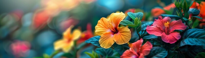 Fototapeta premium Vibrant close-up of blooming hibiscus flowers in a garden, showcasing yellow and red petals amidst lush green foliage in a tranquil atmosphere.