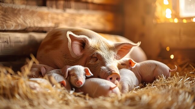 A mother pig tenderly nursing her newborn piglets in a cozy,rustic barn filled with hay and straw. The scene evokes a sense of warmth,peace,and the loving connection between a mother and her young.