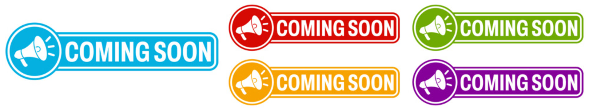 set trendy colorful coming soon labels icon. coming soon sign social media template design vector illustration