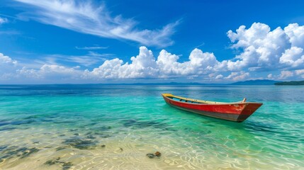 Naklejka premium Boat in turquoise ocean water against blue sky with white clouds and tropical island
