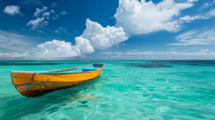 Naklejka premium Boat in turquoise ocean water against blue sky with white clouds and tropical island