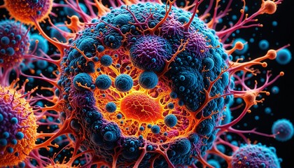 A close-up of a human cell with a bright orange nucleus surrounded by a network of blue and red cells.