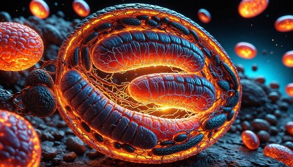 A mitochondrion in the cell glowing with internal energy for generate adenosine triphosphate (ATP), powerhouse of the cell. 