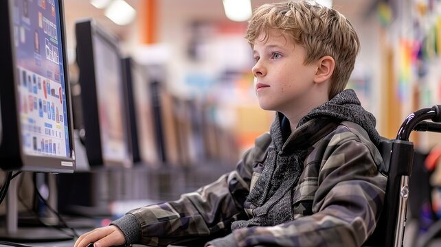 Experience the power of inclusivity as a young boy in a wheelchair actively participates in a group activity in the classroom, fostering a sense of unity, diversity