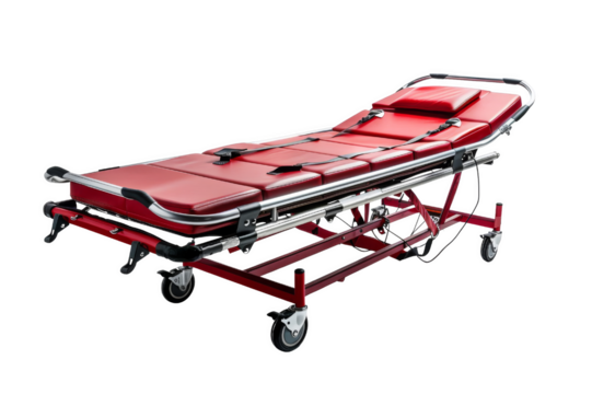 Red hospital stretcher isolated white background, transparent background. Medical emergency equipment used for patient transportation.